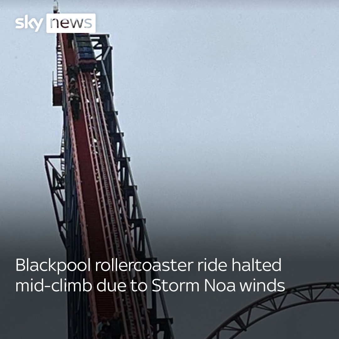 A rollercoaster ride at Blackpool Pleasure Beach had to be stopped seconds before it reached the summit of its first drop, due to winds from Storm Noa. More: