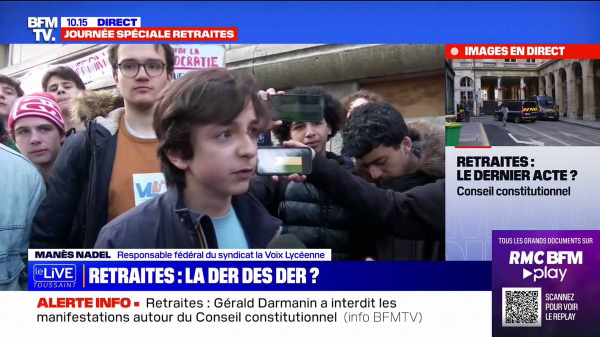 💬 "Notre mouvement est plus fort que jamais" Manès Nadel, figure de la lutte lycéenne contre la réforme des retraites, s'exprime en cette 12e journée de mobilisation