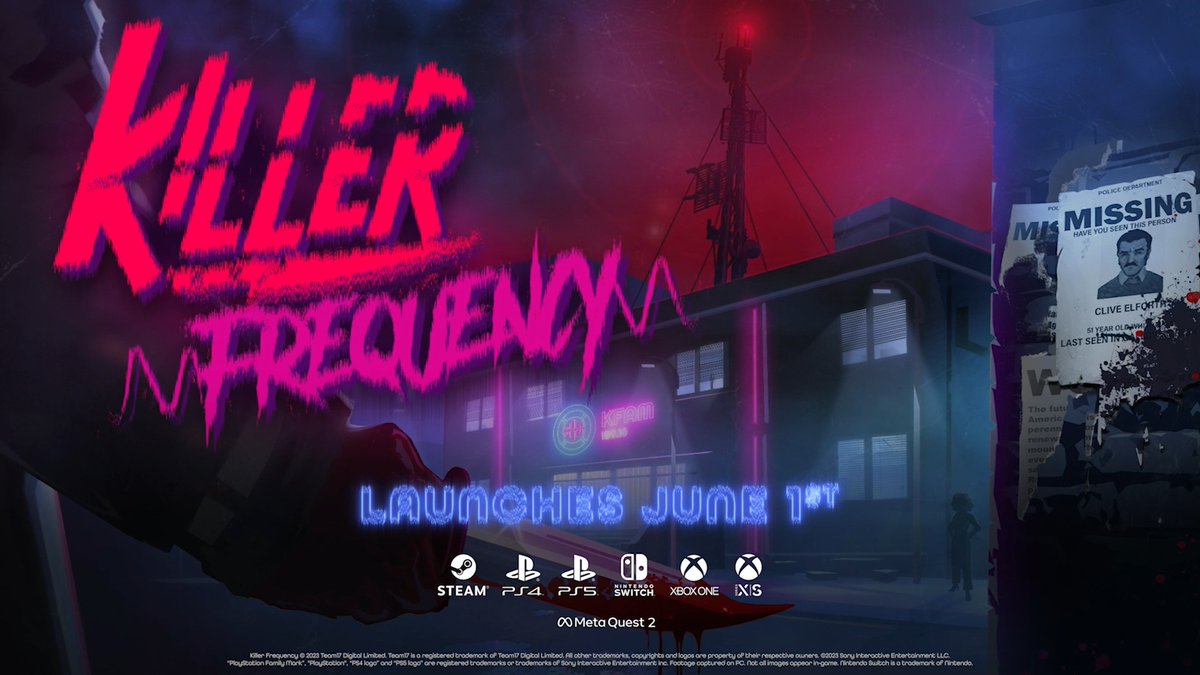 🎙️ Listeners! It's announcement time! Killer Frequency hits the airwaves on 1st June, coming to Steam, Meta Quest 2, PS4 &amp; PS5, Xbox One, Xbox Series S/X, and Nintendo Switch! Catch our new black-comedy slasher adventure this summer! 🔪 Find out more 👉