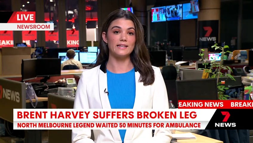 North Melbourne legend Brent Harvey has been forced to wait more than 50 minutes for an ambulance after breaking his leg. Harvey was playing for North Heidelberg in the Northern Football League this afternoon. Kate Massey #7AFL #7NEWS