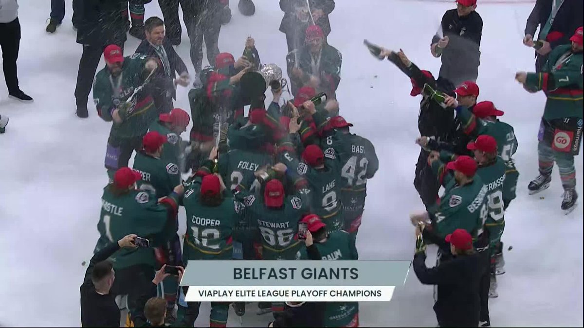The Belfast Giants have their hands on the Playoff Trophy! 🏆 A classy tribute to former Giant Ray Sawada from head coach Adam Keefe too 👏 #POFW23 | Elite Ice Hockey League | #EIHL