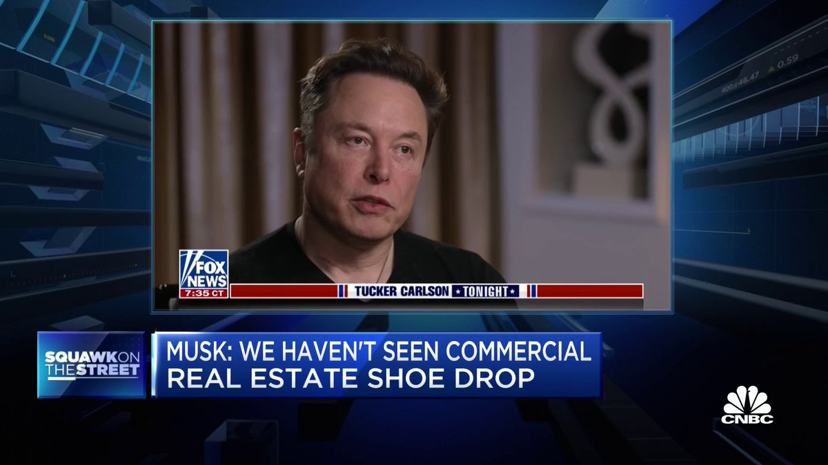 .Elon Musk says we haven't seen the commercial real estate shoe drop, calling it more of an anvil. Jim Cramer, David Faber and Carl Quintanilla discuss. David: "He's not my go-to on this, sorry."