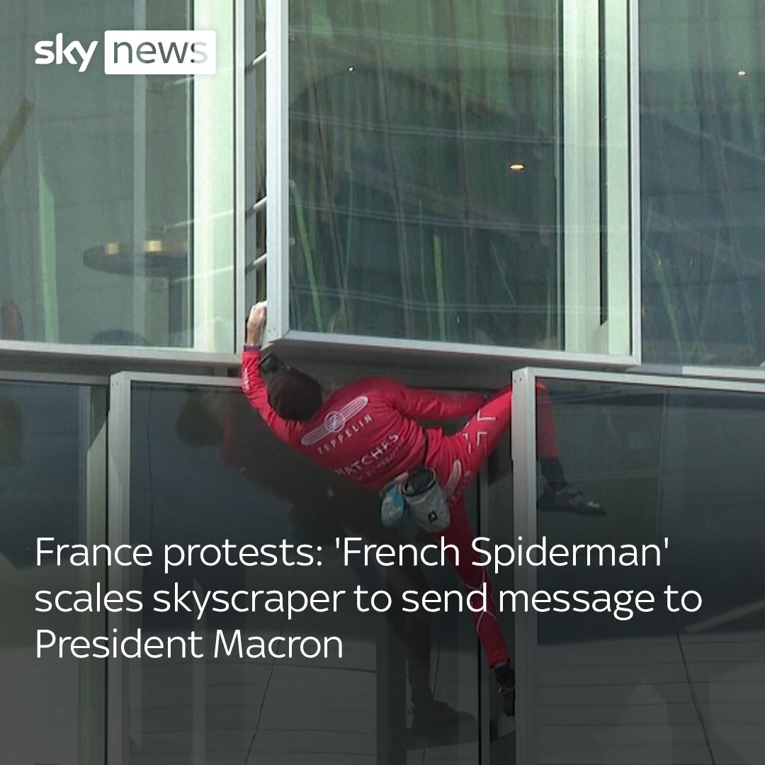 Alain Robert, nicknamed 'French Spiderman', has scaled a 160-metre high skyscraper in Paris. He completed the climb in support of the Pension Reform protests and delivered his own message to French President Macron to "come down to Earth" Find more:
