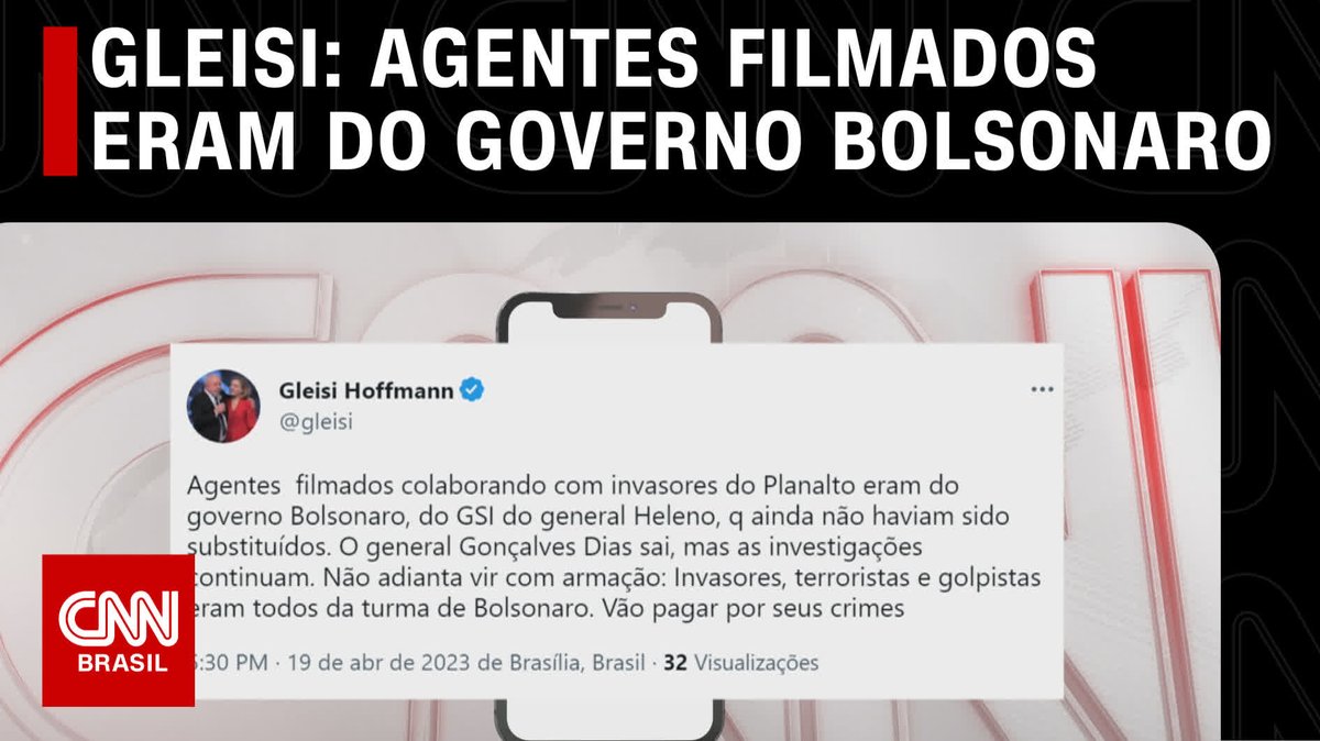 A presidente do PT, Gleisi Hoffmann, disse que agentes do Gabinete de Segurança Institucional filmados nos atos criminosos de 08/01 “eram do governo Bolsonaro”. O ministro Gonçalves Dias, pediu demissão após divulgação dessas filmagens com exclusividade pela CNN #CNNBrasil360