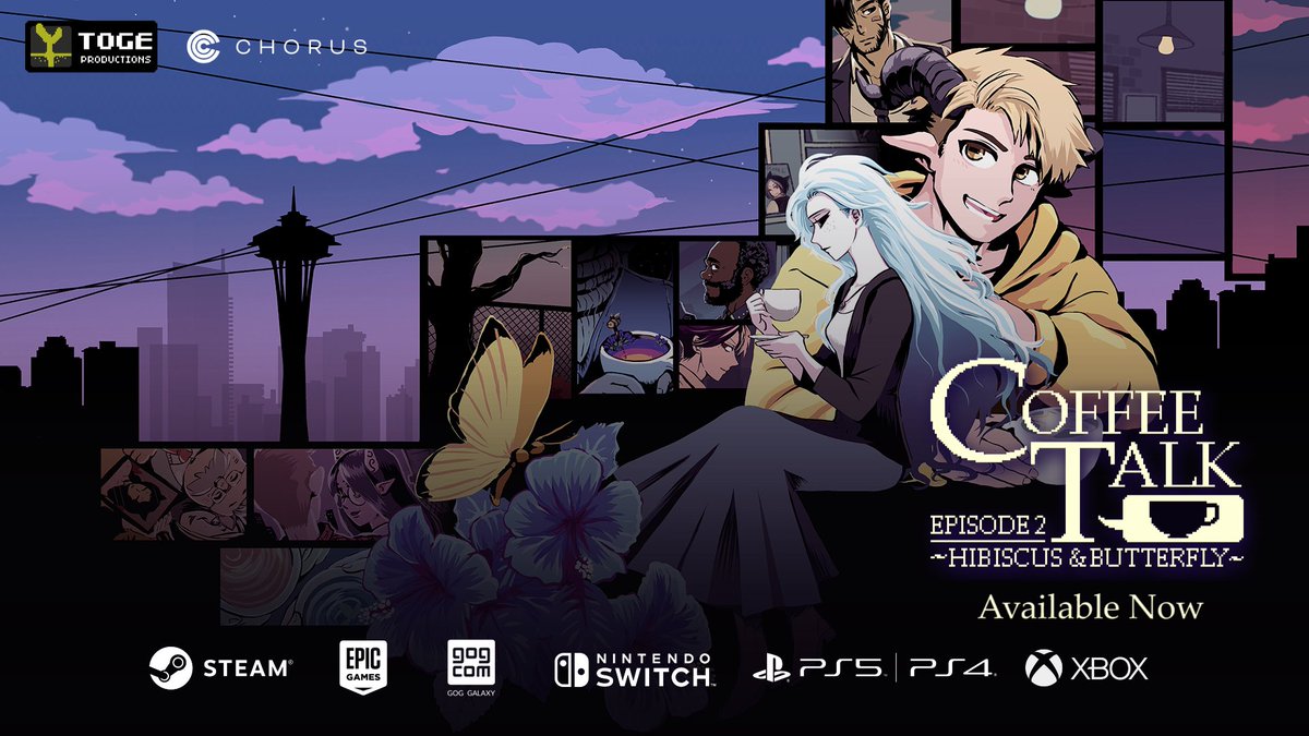 Coffee Talk Episode 2: Hibiscus &amp; Butterfly OUT NOW! Immerse yourself in the cozy late-night coffee shop as you serve drinks and listen to your customers. Meet Lucas, Riona, Jorji, as well as your favorite patrons, and unfold their stories. Available on PC and consoles!