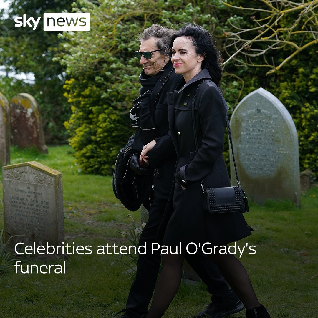 Rolling Stones guitarist Ronnie Wood and comedians Alan Carr and Jo Brand were among those who attended the funeral of Paul O'Grady in Kent. Hundreds of mourners, many with their dogs, gathered to watch the procession. Read more on this story: