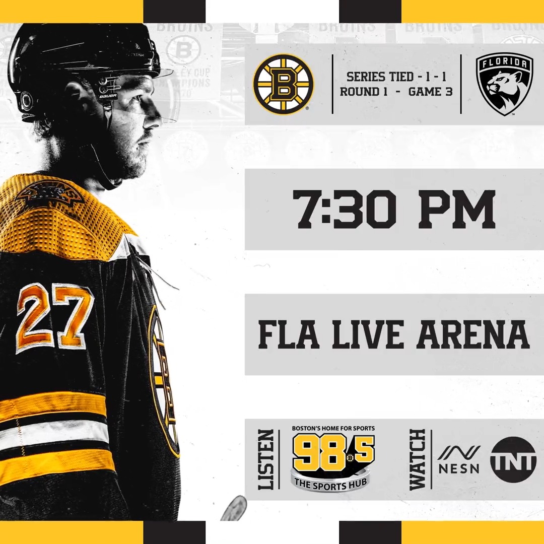 The series shifts to Sunrise. 📍 FLA Live Arena ⏰ 7:30 p.m. ET 🆚 Florida Panthers 📺 NESN, NHLonTNT 📻 98.5 The Sports Hub