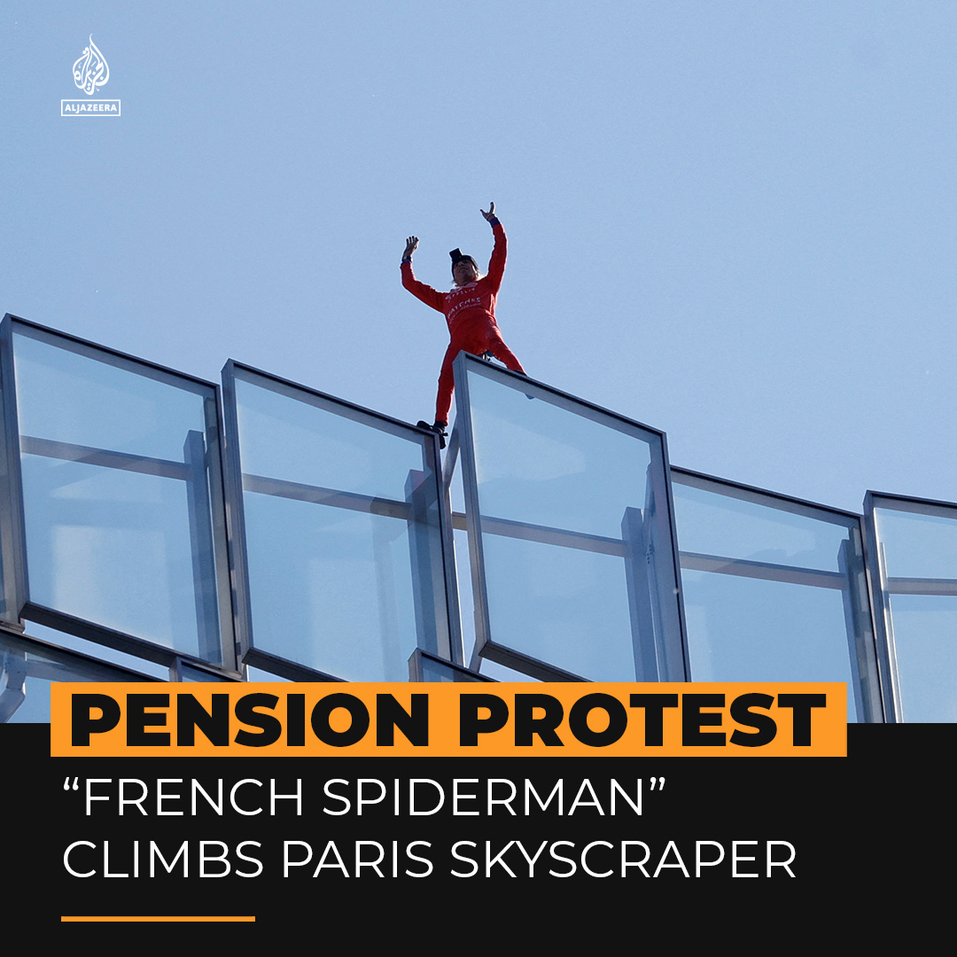 The "French Spiderman" climbed a skyscraper in Paris on Wednesday in support of ongoing protests against President Macron's pension reform 👇