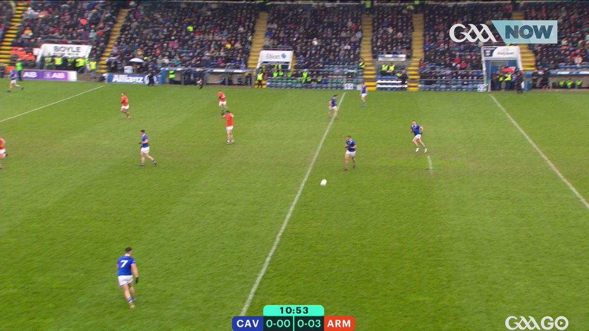 Cian Madden scores Cavan's first point of the day which clips the post on the way over.
