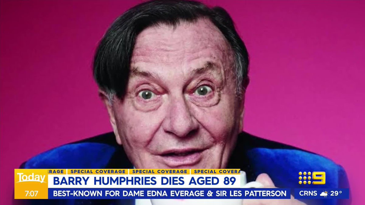 Much loved Aussie comedian, actor, and entertainer, Barry Humphries, sadly passed away last night in a Sydney hospital surrounded by his family after complications from hip surgery. #9Today Richard Wilkins AM Erin Ramsay Elisabeth Moss