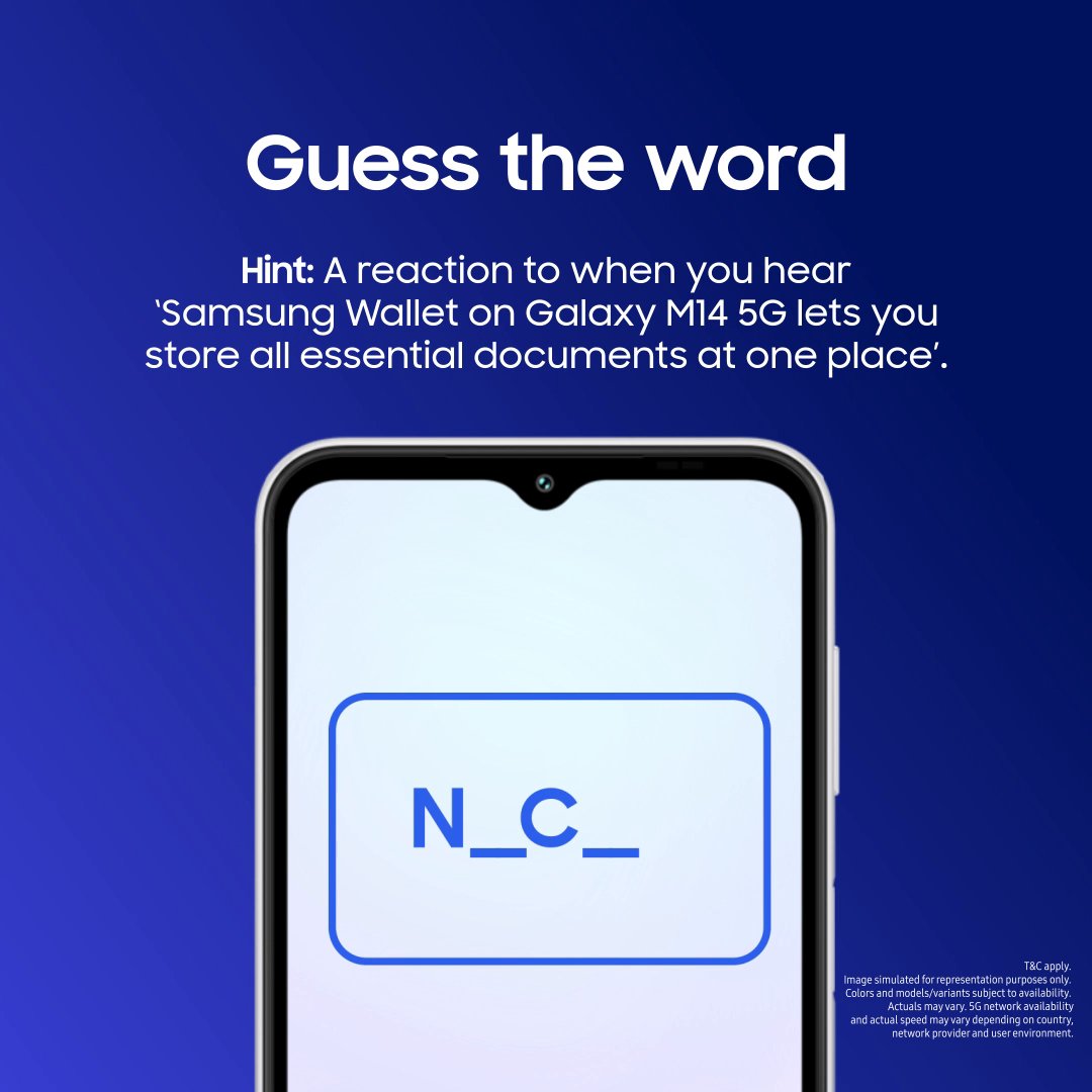Can you crack the right word? 🤔. Follow the clue to answer correctly and stand a chance to win* the all-new #GalaxyM14 5G. Comment your guess now! *T&C apply. Detailed T&C: #Monster5G #Samsung