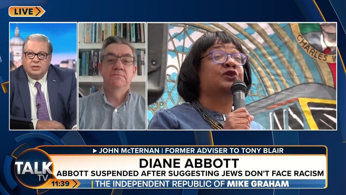 Mike clashes with Tony Blair’s former adviser John McTernan after Diane Abbott had the Labour whip suspended. John: "She said something crass and offensive and she withdrew it." Mike: “She didn’t withdraw it, John, she published it in her name! It’s not good enough.” Mike Graham 🇬🇧
