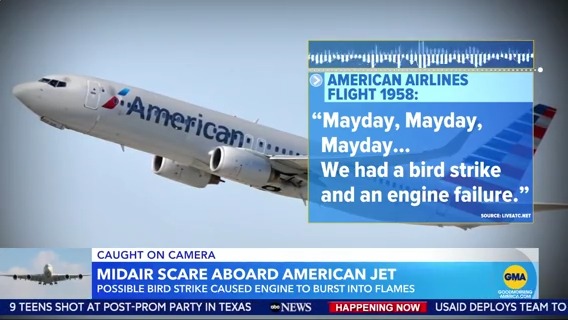 Possible bird strike causes American Airlines engine to burst into flames. Gio Benitez has more on the mid-air scare.