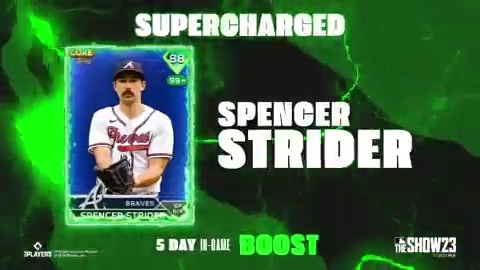 .Spencer Strider gets 🔋#Supercharged🔋 after a Wild good performance! Atlanta Braves 9️⃣9️⃣ goes to 9️⃣9️⃣ OVR for the next 5 days! #MLBTheShowSC | #ForTheA