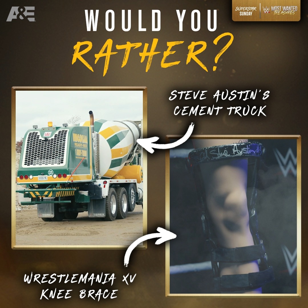 Throughout Steve Austin's LEGENDARY @wwe career, he's had dozens of iconic relics. Which of these treasures would YOU rather add to your collection? Catch his episode of WWE’s Most Wanted Treasures THIS SUNDAY at 9/8c, as part of WWE Superstar Sunday on A&E. #WWEonAE