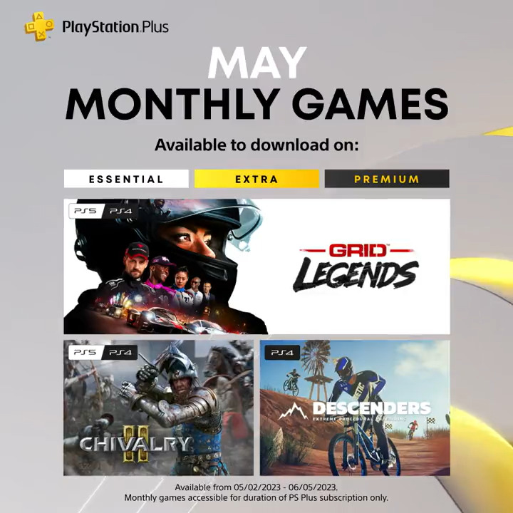 The PlayStation Plus Monthly Games for May are: ➕ GRID Legends ➕ Chivalry 2 ➕ Descenders Full details: