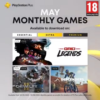 The PlayStation Plus Monthly Games for May are: ➕ GRID Legends ➕ Chivalry 2 ➕ Descenders Full details:
