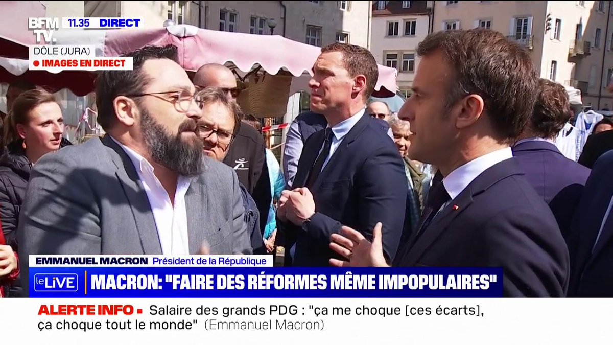 💬 "Vous dites beaucoup de bêtises tous les jours" Emmanuel Macron interpellé par une figure des gilets jaunes sur le marché de Dôle dans le Jura