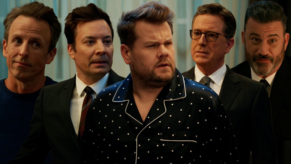 .Seth Meyers Jimmy Fallon Stephen Colbert and Jimmy Kimmel have an ominous message for James before he leaves late night for good...