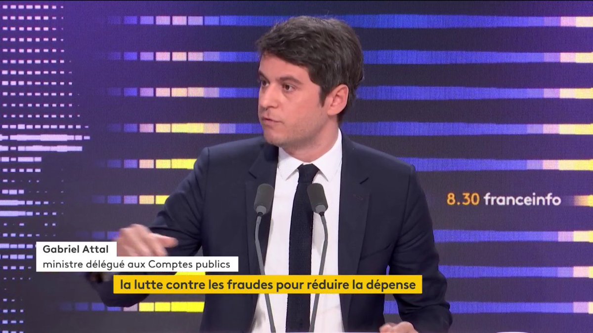 Réduire les dépenses : " Je veux lutter contre toutes les fraudes", lance Gabriel Attal. La fraude à la TVA coûte "autour de 20 milliards d’euros par an", celle "aux cotisations sociales est estimée autour de 8 mds", celle "aux prestations sociales est autour de 2,8 mds".