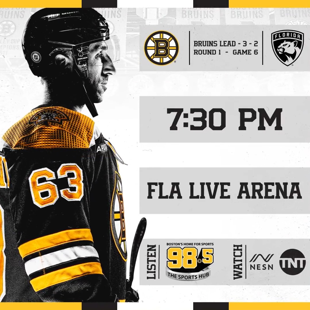 Looking to finish it off in Florida. 📍 FLA Live Arena ⏰ 7:30 p.m. ET 🆚 Florida Panthers 📺 NESN, NHLonTNT 📻 98.5 The Sports Hub 📰