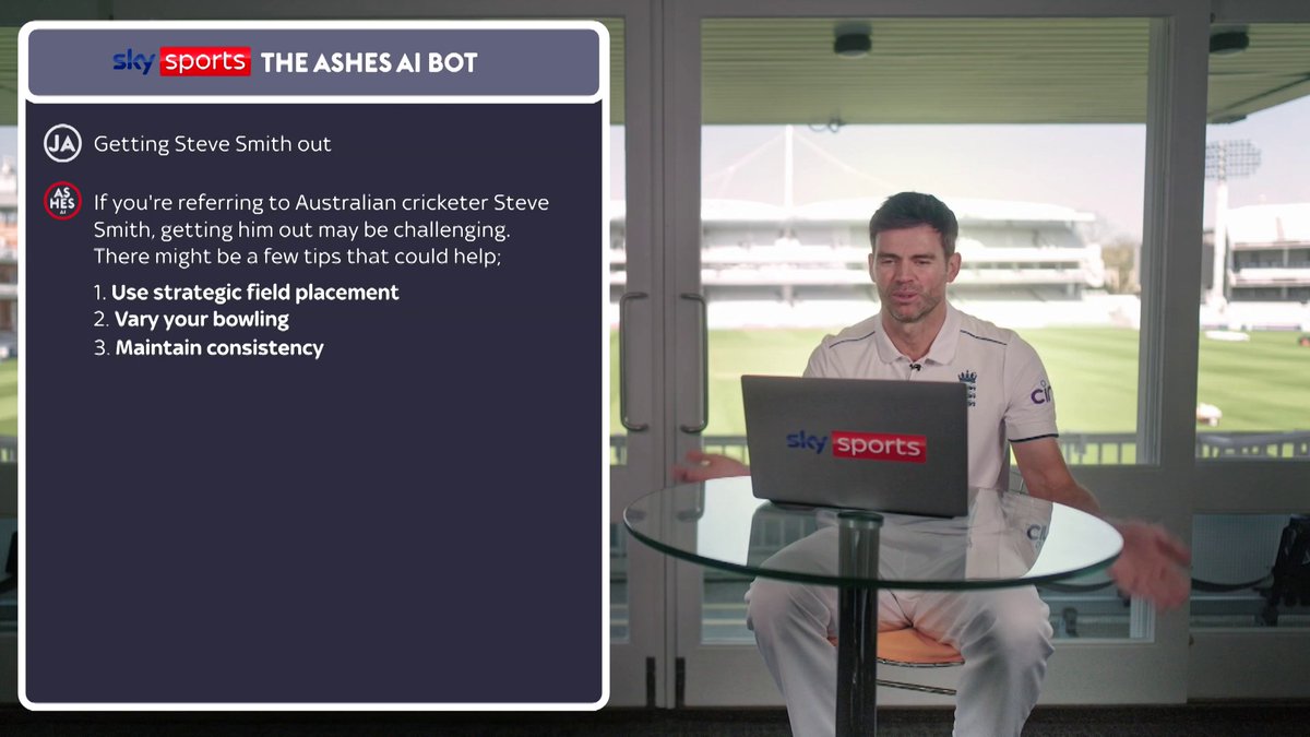 "It's like reading off Nasser Hussain's clipboard this" 🤣📋 James Anderson and Stuart Broad ask The Sky Sports Ashes AI Bot how to get Steve Smith out 🤖