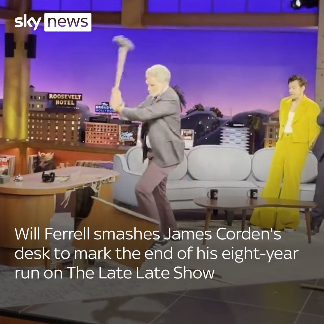 The Late Late Show have shared a video of Will Ferrell smashing James Corden's desk with a sledge hammer during his last time hosting The Late Late Show. The video was posted to Twitter with the caption 'What... what just happened.' Find out more 👉