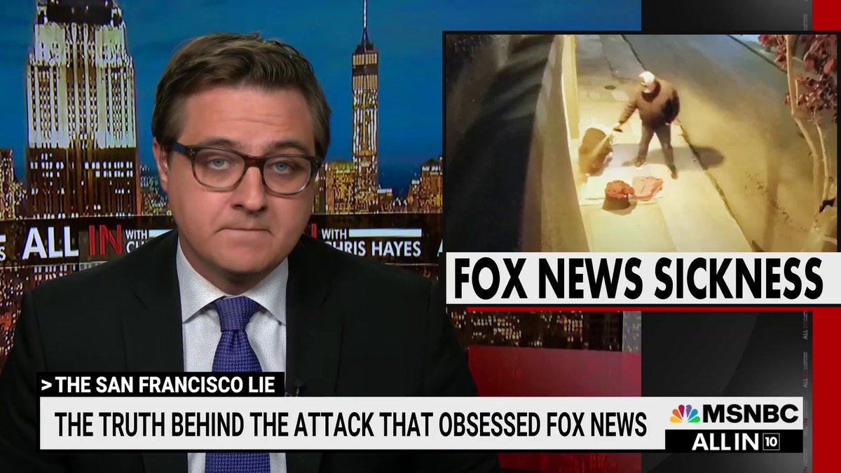 .Chris Hayes: If the allegations are true, a story Fox presented as a random attack by a homeless person would actually be a story of a guy running around San Francisco bear-spraying homeless people and getting beaten up by one of the many he sprayed. (1/2)