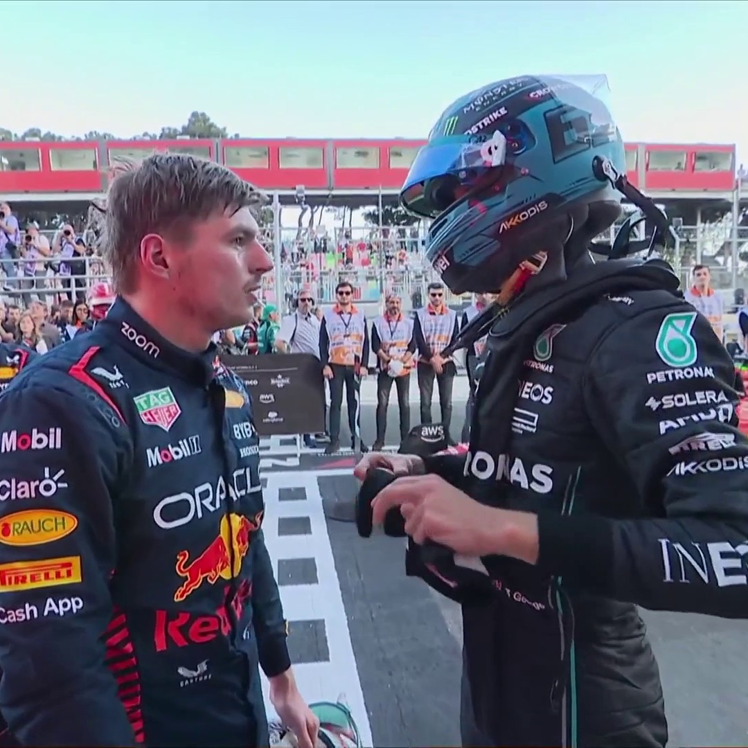 Max and George exchange a few words at the end of the Sprint 👀