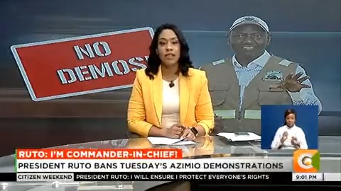 Ruto: I’m Commander-In-Chief! President Ruto bans Tuesday’s Azimio demonstrations. Ruto: No more street protests Ruto: Demonstrations no longer allowed Raila has declared Azimio demos will resume on Tuesday #CitizenWeekend Victoria Rubadiri