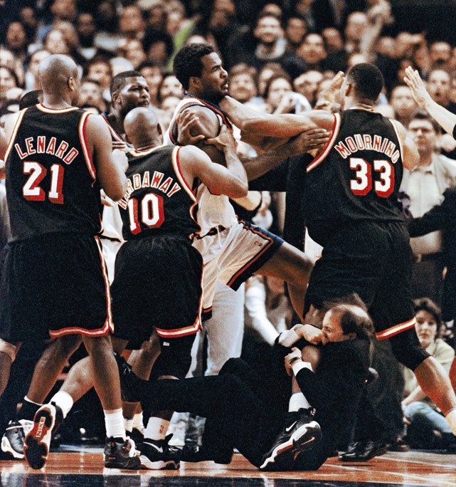 25 YEARS AGO TODAY The infamous Larry Johnson & Alonzo Mourning fight aka The Jeff Van Gundy Leg Game happened during the Knicks and Heat series! Doc Rivers: “Fortunately for these guys, they are both awful fighters”