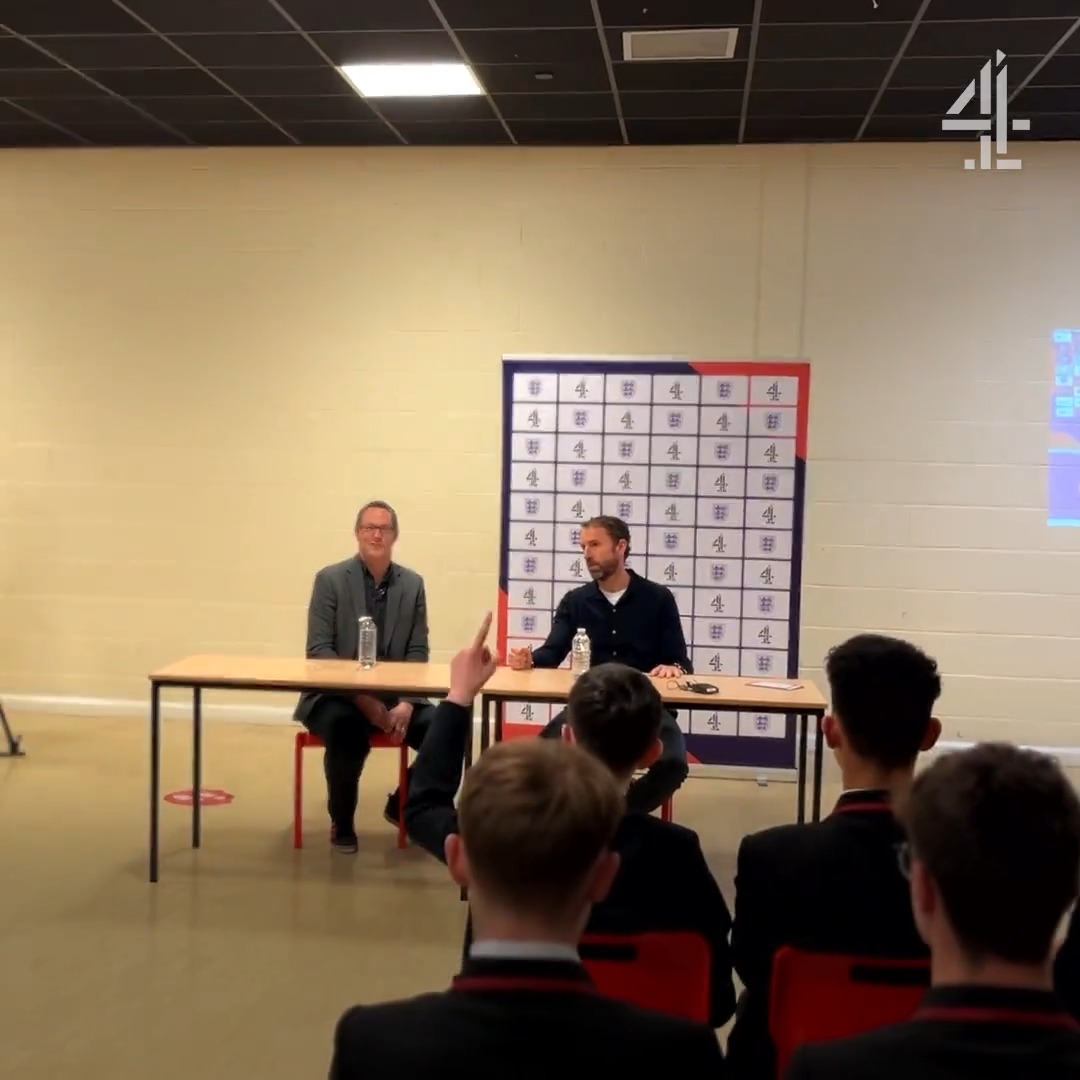 These school kids in Leeds were STUNNED when Gareth Southgate walked in to answer their questions in a mock press conference 🤯 #C4Football | #ThreeLions | England