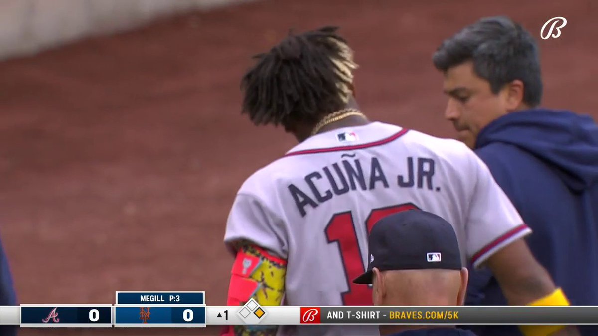 Ronald Acuña Jr. was hit with a high fastball on the first at-bat of the game and exits with an injury.