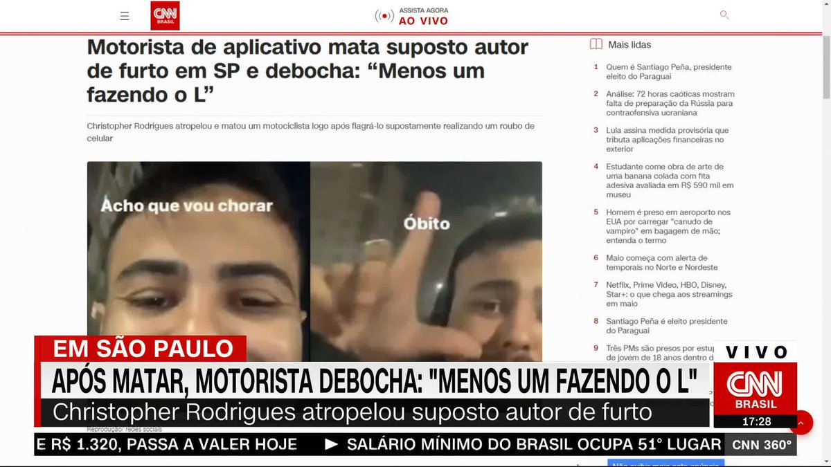 Um motorista de aplicativo, identificado como Christopher Rodrigues, atropelou e matou um motociclista após flagrar a vítima supostamente realizando um roubo de celular. Em publicação sobre o ocorrido, escreveu: “Menos um fazendo o L” #CNNBrasil360