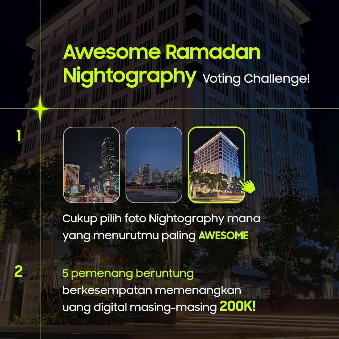 Masih ingat #AwesomeRamadanNightography by #GalaxyA54 5G kemarin? Yuk, vote dengan cara RT, LIKE & REPLY foto paling AWESOME diantara 5 pro-photographer dari berbagai kota di Indonesia ini! Dapatkan kesempatan menangin uang digital senilai total Rp 1.000.000 untuk 5 orang! 🤩