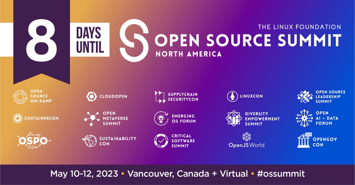 8 DAYS TO GO! Excitement is building as we count down the days 'til Open Source Summit NA! We can't wait to welcome all attendees, speakers, sponsors + the entire #OpenSource community. Don't miss it! Register: Schedule: #OSSummit