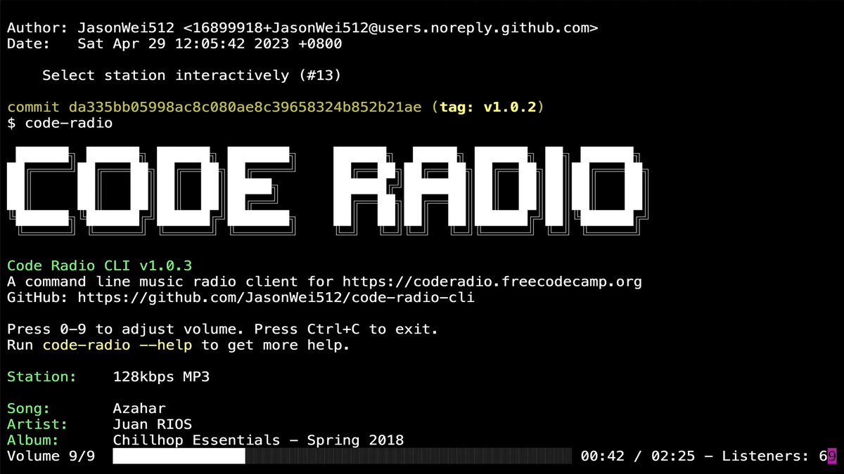 Need some help getting in the zone? This CLI for @freecodecamp’s Code Radio streams music for coding 24/7 🎵