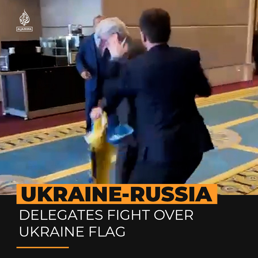 A Ukrainian delegate was captured on video punching a Russian official during a governmental conference in Turkey. The Russian had snatched the Ukrainian flag from the delegate as he was holding it up behind another Russian official during a video interview ⤵️