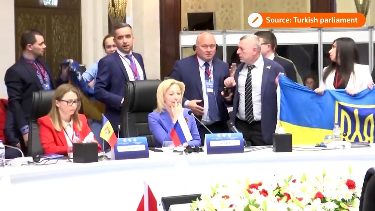 WARNING: PROFANITY A Ukrainian delegate posted a video of himself punching a Russian representative after his Ukrainian flag was snatched away at a meeting of Black Sea nations in Turkey