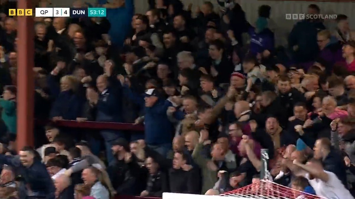 Latest: Queen's Park 3-4 Dundee That's what they call limbs. The Dundee fans are bouncing after Lyall Cameron puts them back into the lead. We're beginning the petition for this game to never end. Watch live on BBC Scotland. #BBCFootball