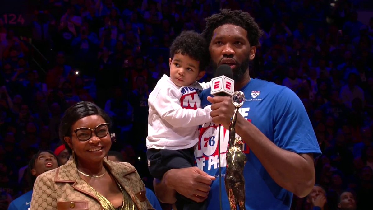 Joel Embiid and his son during his MVP speech 🥹