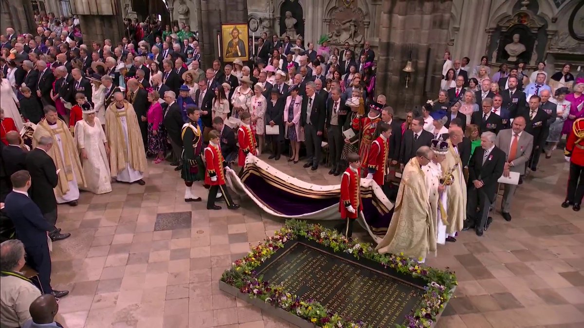 The King made his way out Westminster Abbey as guests sang "God save the King". The King and Queen wore their Robes of Estate, with the King's robe having previously been worn by King George V and King George VI #coronation 📺 Sky 501 and YouTube