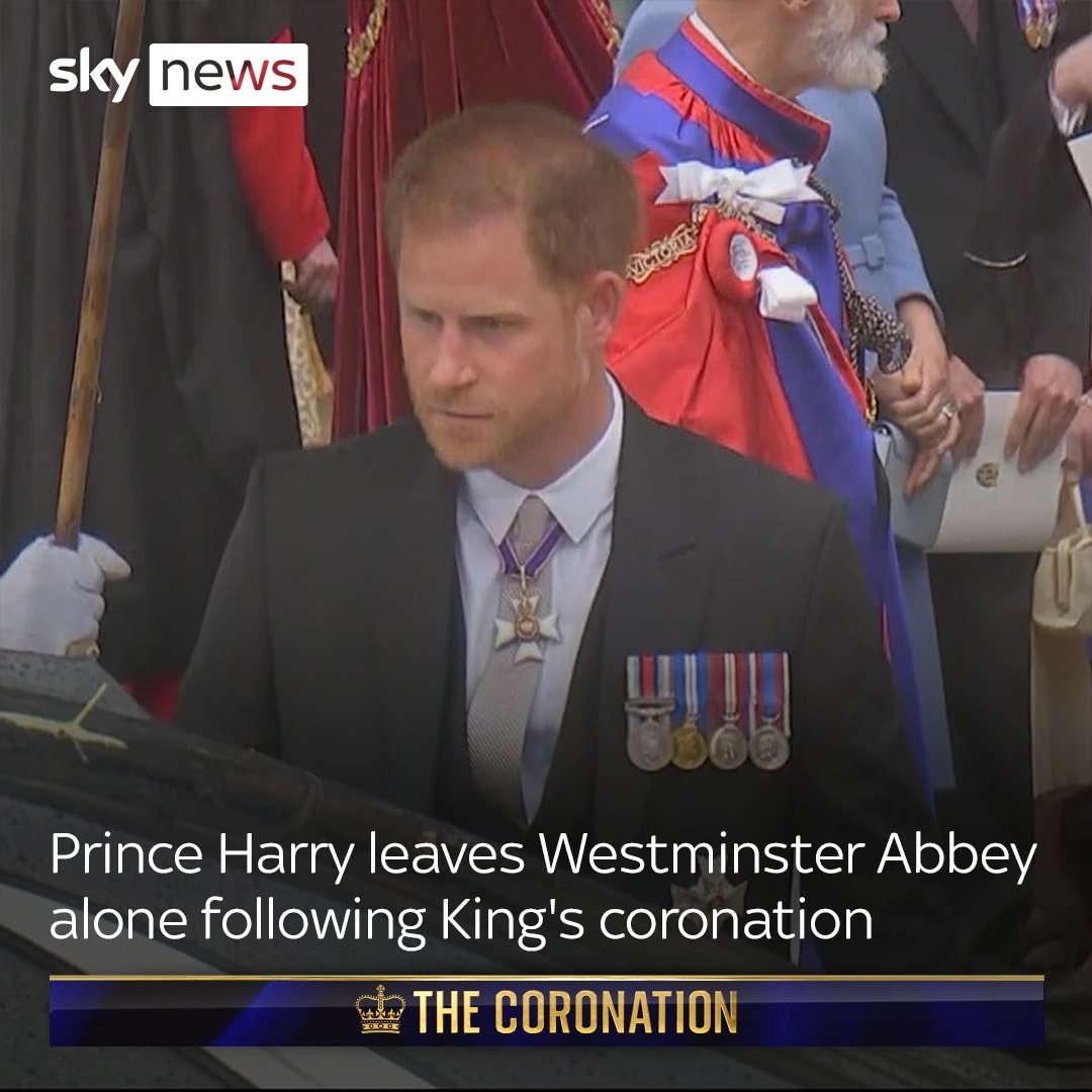 Prince Harry was spotted leaving Westminster Abbey alone following the coronation service. He sat in the third row along with Prince Andrew. He had no formal role in the ceremony and did not wear any form of military or ceremonial clothing #Coronation: