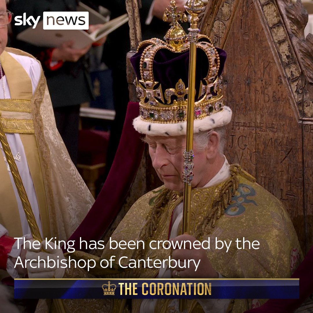 🤴The King was crowned by the Archbishop of Canterbury in his historic #coronation at Westminster Abbey. The archbishop Justin Welby placed the 360-year-old St Edward's Crown on to the monarch's head before proclaiming: "God save the King!" Latest: