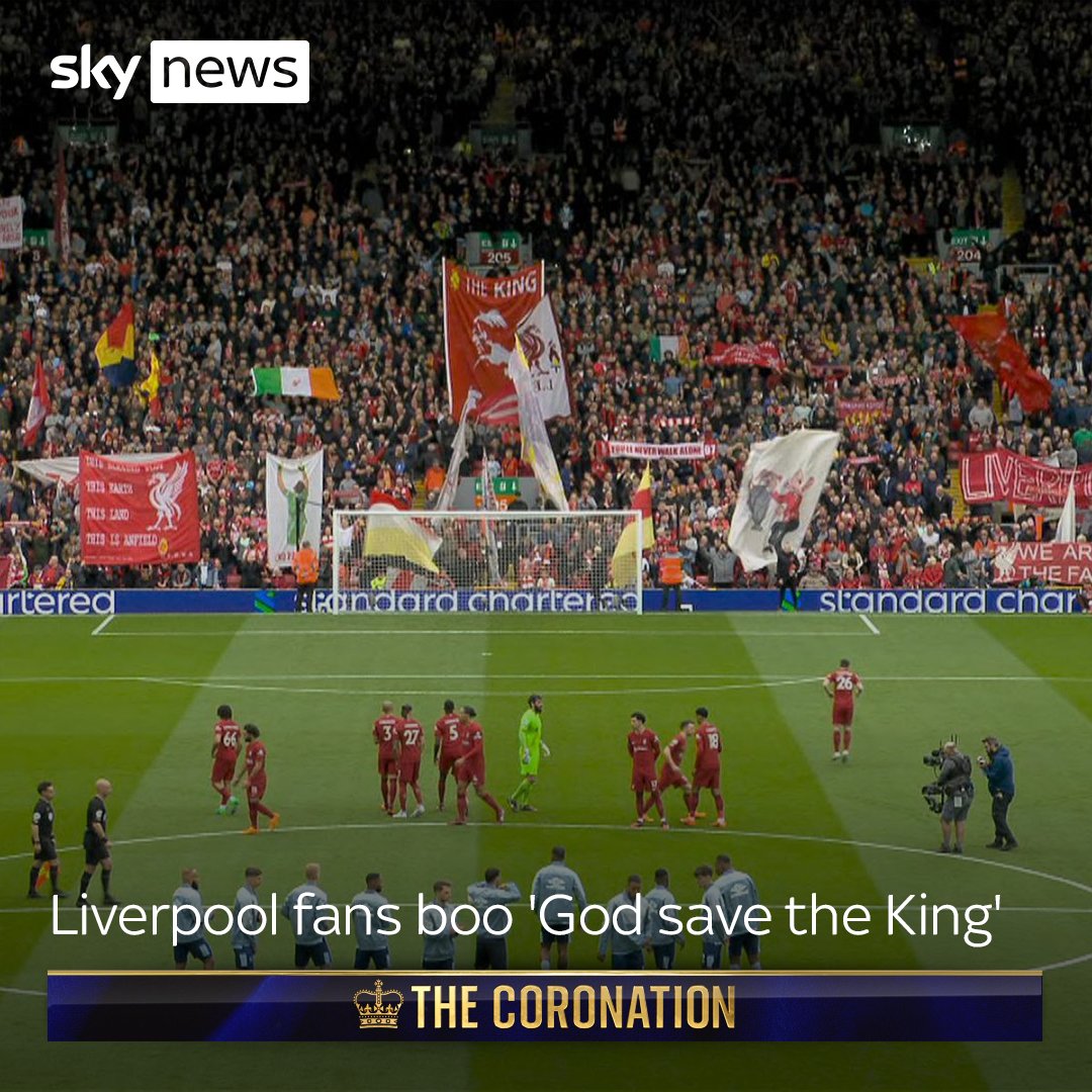 Fans loudly booed 'God Save The King' before the game at Anfield against Brentford. The Premier League asked all clubs playing at home this weekend to play the anthem to mark the #coronation of the King Read more here 👉