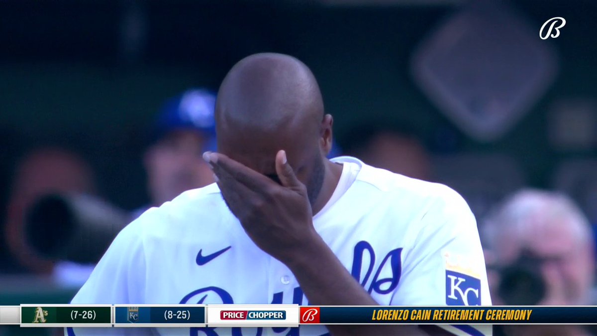 An emotional Lorenzo Cain is honored at The K with an on-field retirement ceremony. Thank you, LoCain for all the memories and retiring a Kansas City Royal. #Royals