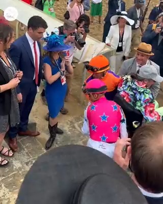 HOW ABOUT THIS? 🥰 Jose Ortiz and Gerardo Corrales just rode in the Kentucky Derby, but still find time to help one of MAGE's owners enjoy the celebrations! 🌹 #KYDerby