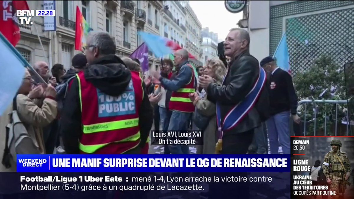 🗣 "Louis XVI, on l'a décapité, Macron, on peut recommencer" ➡ Le slogan scandé par l'élu Christophe Prudhomme (LFI), lors de la manifestation de ce dimanche devant le siège de Renaissance