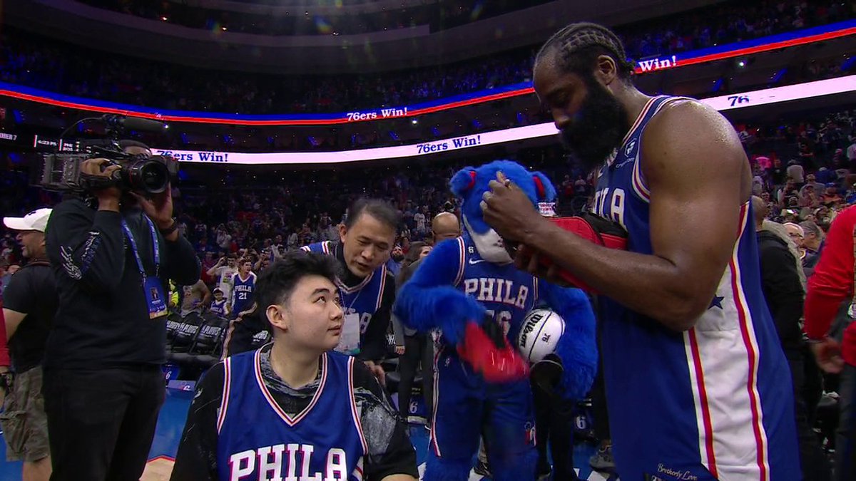 Bigger than basketball 🙏 James Harden gives John Hao his shoes after hitting the game-winner in Game 4 💙❤️
