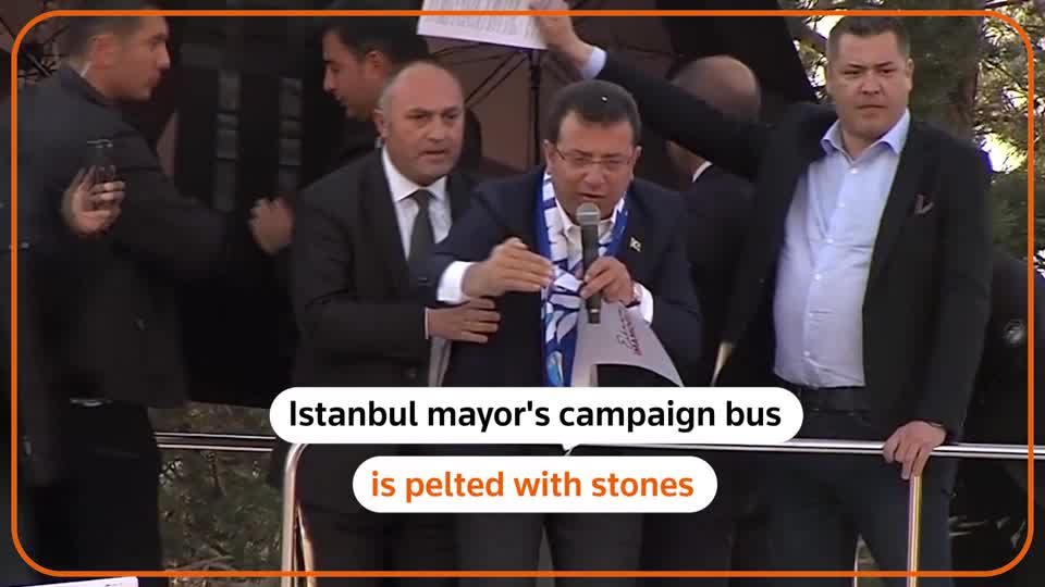 Protesters threw stones at Istanbul Mayor Ekrem Imamoglu, a member of the main opposition Republican People's Party, during an election rally in the eastern city of Erzurum, a stronghold of Turkey President Tayyip Erdogan's AK Party